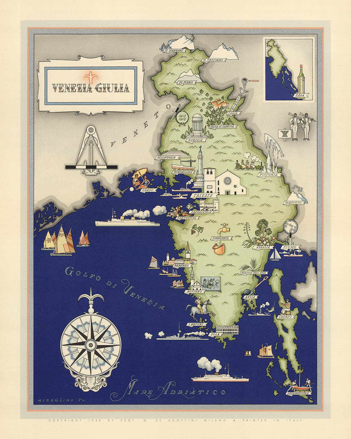 Antigua Mapa Pictórico de Friuli-Venezia Giulia por De Agostini, 1938: Trieste, Gorizia, Pola, Fiume, Zara, Alpes 