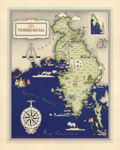Antigua Mapa Pictórico de Friuli-Venezia Giulia por De Agostini, 1938: Trieste, Gorizia, Pola, Fiume, Zara, Alpes 
