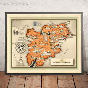 Old Pictorial Map of Trentino-Alto Adige by De Agostini, 1938: Trento, Bolzano, Bressanone, Merano, Rovereto