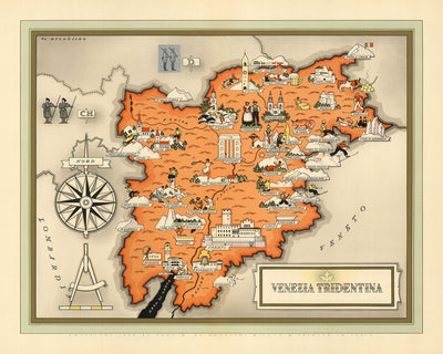 Alte bildliche Karte von Trentino-Südtirol von De Agostini, 1938: Trento, Bozen, Brixen, Meran, Rovereto 