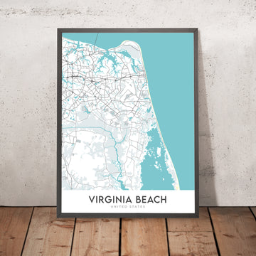 Modern City Map of Virginia Beach, VA: Aquarium, Cape Henry Lighthouse, Beach Boardwalk, Pembroke Manor, Chic&