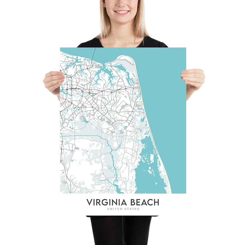 Mapa de la ciudad moderna de Virginia Beach, VA: Acuario, Faro de Cape Henry, Paseo de la playa, Pembroke Manor, Playa de Chic 