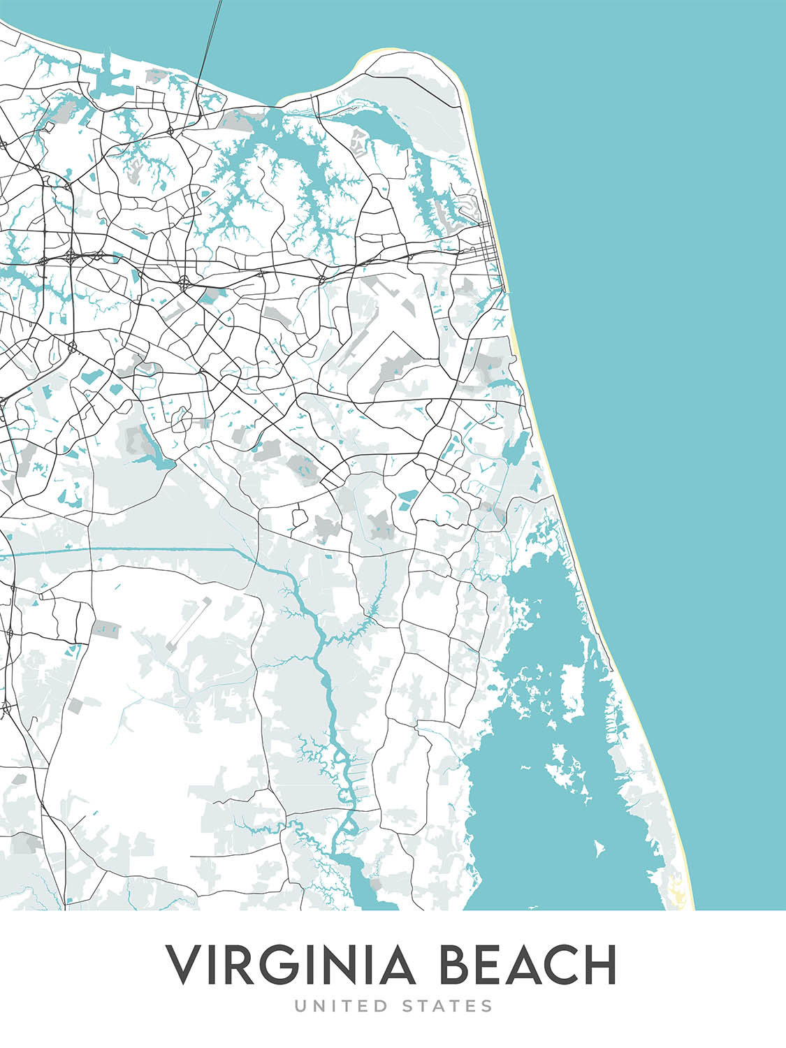 Mapa de la ciudad moderna de Virginia Beach, VA: Acuario, Faro de Cape Henry, Paseo de la playa, Pembroke Manor, Playa de Chic 