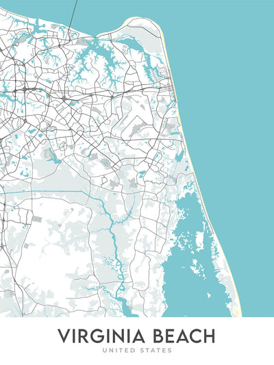 Mapa de la ciudad moderna de Virginia Beach, VA: Acuario, Faro de Cape Henry, Paseo de la playa, Pembroke Manor, Playa de Chic 