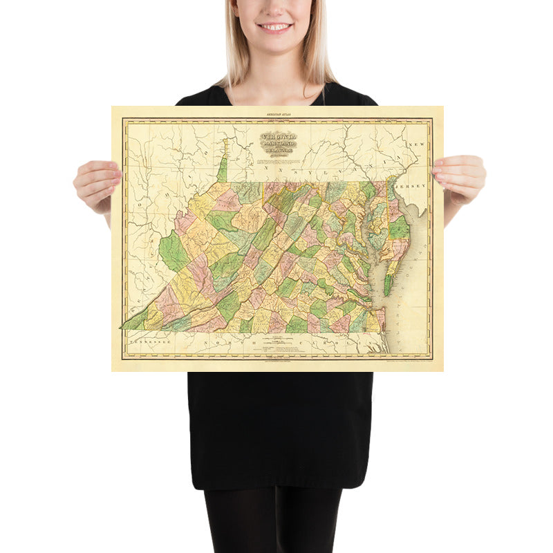 Ancienne carte de la Virginie, du Delaware, du Maryland et de Washington D.C. par H. S. Tanner (1820) : Avec Baltimore, Alexandria, Norfolk, Richmond et Wilmington.