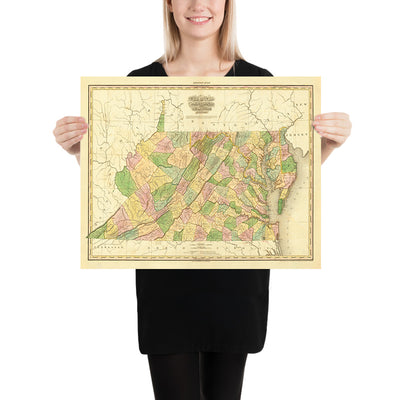 Ancienne carte de la Virginie, du Delaware, du Maryland et de Washington D.C. par H. S. Tanner (1820) : Avec Baltimore, Alexandria, Norfolk, Richmond et Wilmington.