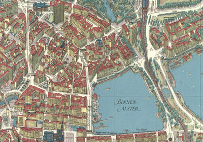 Mapa antiguo de Hamburgo en 1964 por Hermann Bollman - Binnenalster, Alster Lakes, Heiligengeistfeld, Planten un Blomen, Central Station