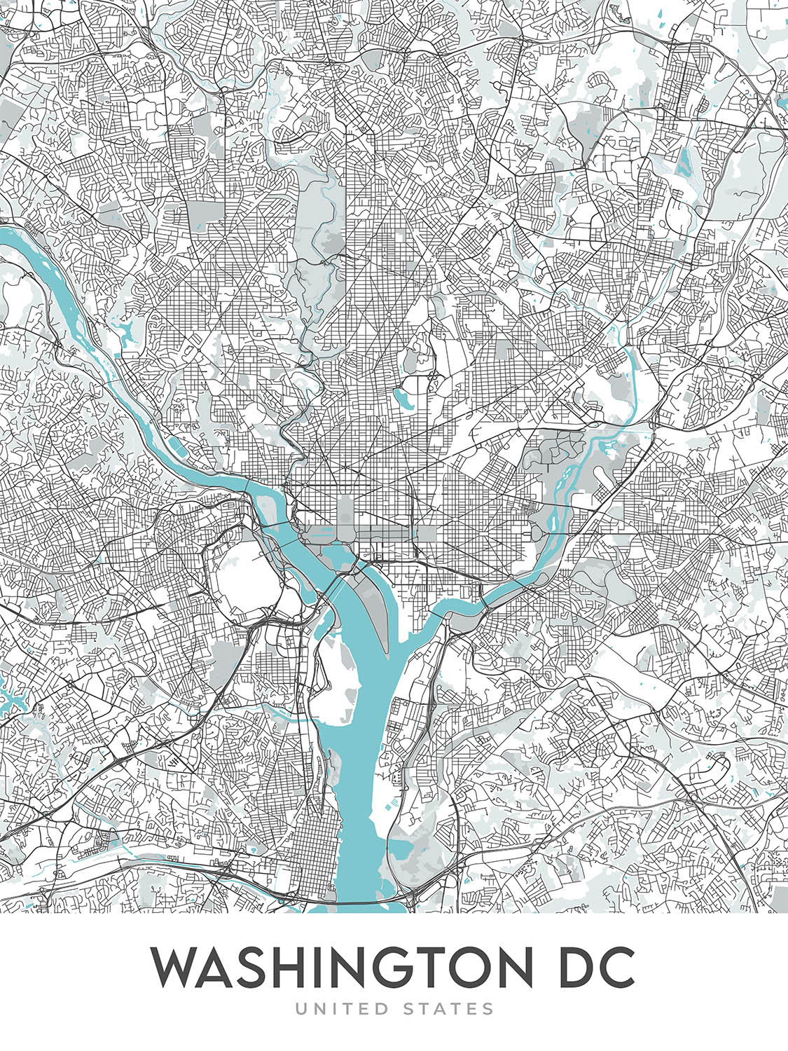 Moderne Stadtkarte von Washington, DC: Weißes Haus, Capitol Hill, National Mall, Georgetown, Dupont Circle 