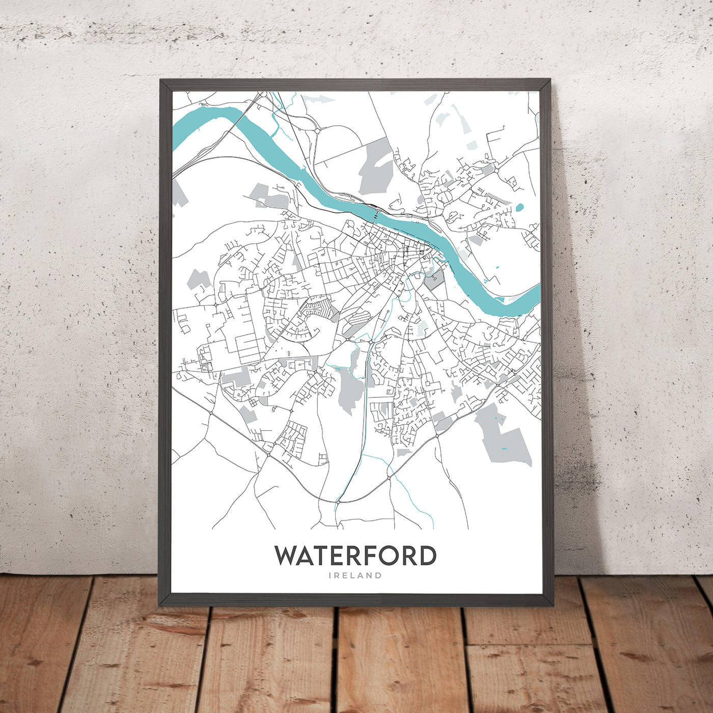 Mapa moderno de la ciudad de Waterford, Irlanda: Castillo, Torre de Reginald, Catedral de Christ Church, Catedral de la Santísima Trinidad, Río Suir 