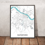 Mapa moderno de la ciudad de Waterford, Irlanda: Castillo, Torre de Reginald, Catedral de Christ Church, Catedral de la Santísima Trinidad, Río Suir 