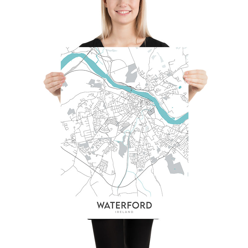Mapa moderno de la ciudad de Waterford, Irlanda: Castillo, Torre de Reginald, Catedral de Christ Church, Catedral de la Santísima Trinidad, Río Suir 