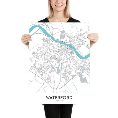 Mapa moderno de la ciudad de Waterford, Irlanda: Castillo, Torre de Reginald, Catedral de Christ Church, Catedral de la Santísima Trinidad, Río Suir 