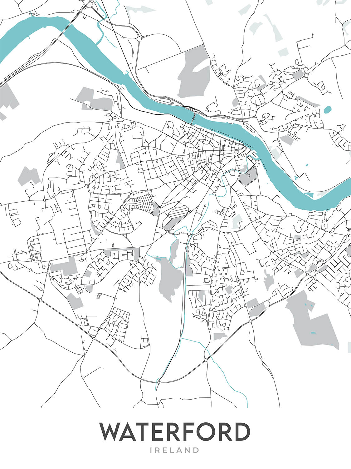 Mapa moderno de la ciudad de Waterford, Irlanda: Castillo, Torre de Reginald, Catedral de Christ Church, Catedral de la Santísima Trinidad, Río Suir 