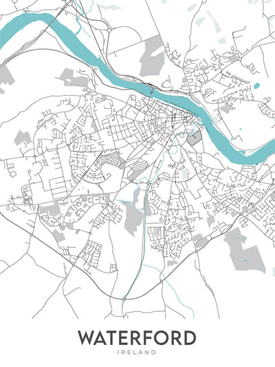 Mapa moderno de la ciudad de Waterford, Irlanda: Castillo, Torre de Reginald, Catedral de Christ Church, Catedral de la Santísima Trinidad, Río Suir 