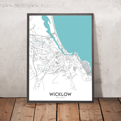 Mapa moderno de la ciudad de Wicklow, Irlanda: Montañas de Wicklow, Valle de Glendalough, Lago Tay, Lago Dan, Embalse de Vartry 