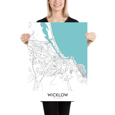 Mapa moderno de la ciudad de Wicklow, Irlanda: Montañas de Wicklow, Valle de Glendalough, Lago Tay, Lago Dan, Embalse de Vartry 