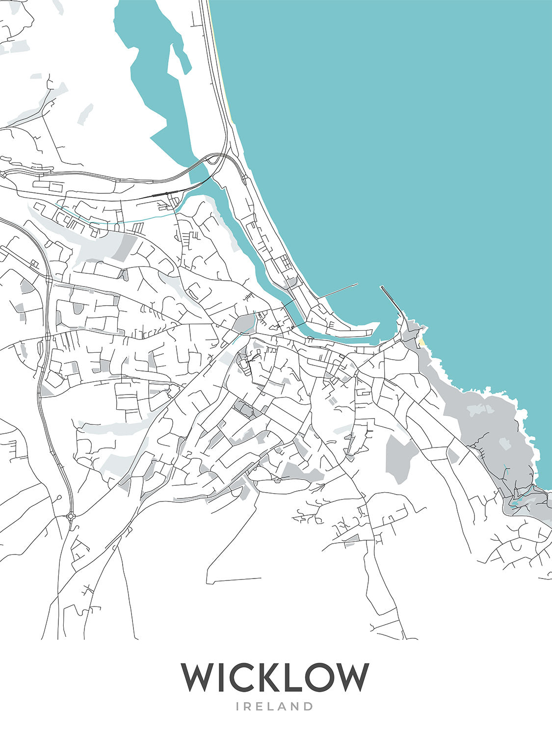 Mapa moderno de la ciudad de Wicklow, Irlanda: Montañas de Wicklow, Valle de Glendalough, Lago Tay, Lago Dan, Embalse de Vartry 
