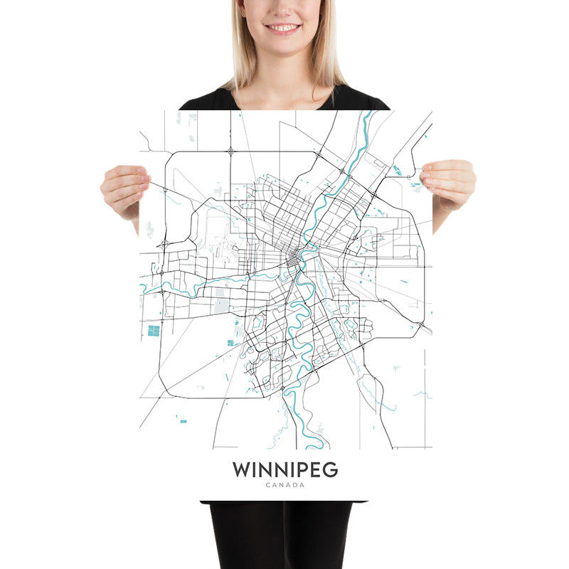 Mapa moderno de la ciudad de Winnipeg, Canadá: Centro, St. Boniface, The Forks, Museo Canadiense de Derechos Humanos, Museo de Manitoba