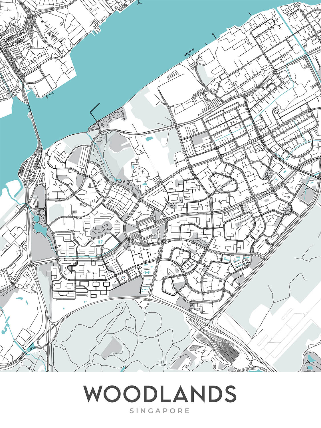 Modern City Map of Woodlands, Singapore: Republic Polytechnic, Waterfront Park, Admiralty Park,  Health Campus, Singapore Sports School