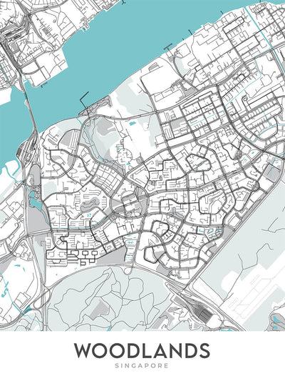 Modern City Map of Woodlands, Singapore: Republic Polytechnic, Waterfront Park, Admiralty Park,  Health Campus, Singapore Sports School