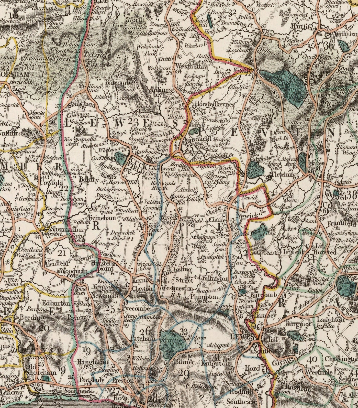Alte Karte von Sussex im Jahr 1801 von John Cary - Brighton, Hastings, Eastbourne, Preston, Dumford 