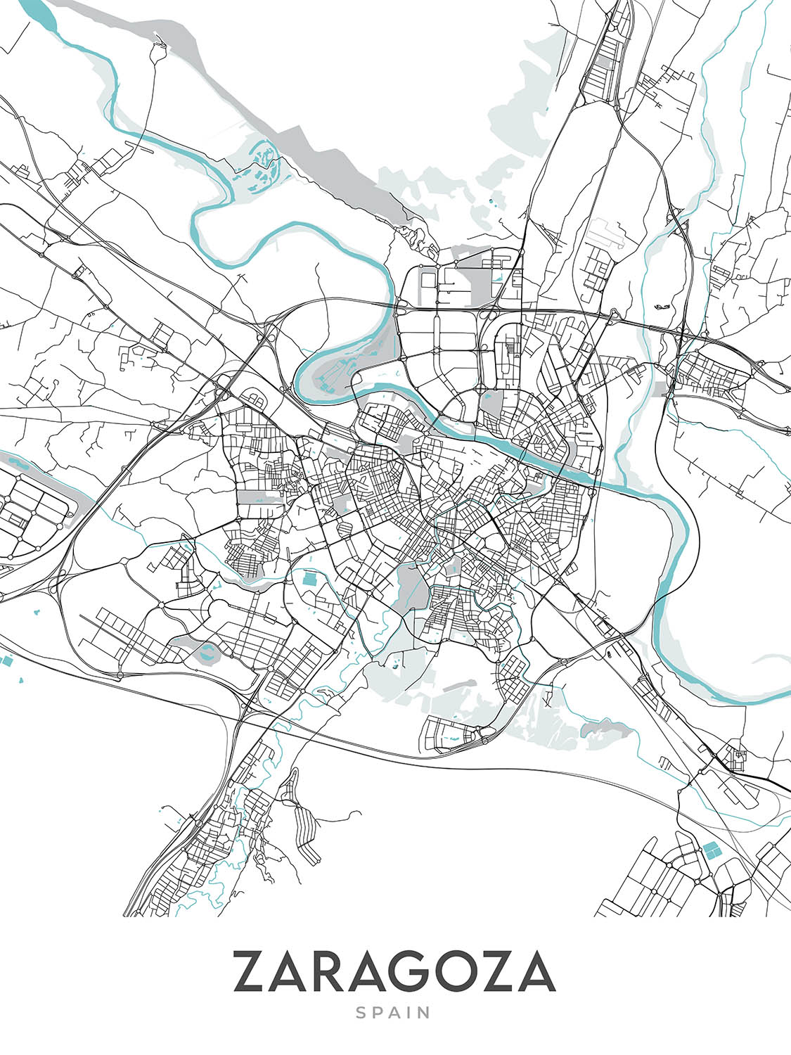 Modern City Map of Zaragoza, Spain: Basilica, Cathedral, Palace, River, University