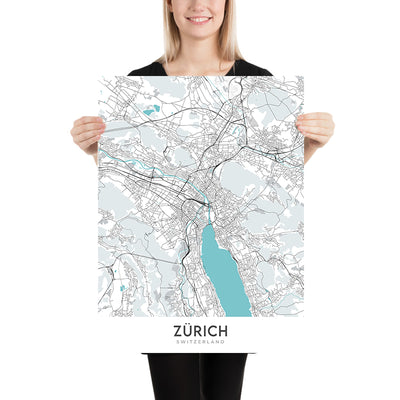 Modern City Map of Zurich: Lake Zurich, Altstadt, Bahnhof Enge, ETH Zurich, Kunsthaus Zurich, Uetliberg