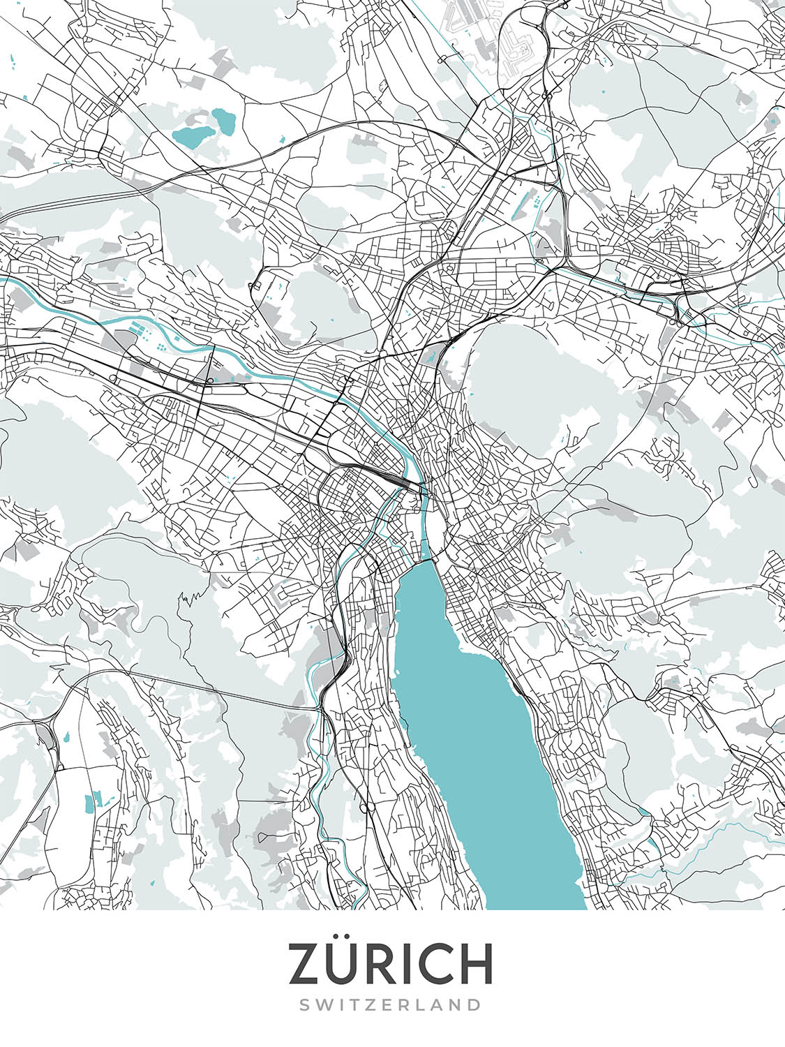 Modern City Map of Zurich: Lake Zurich, Altstadt, Bahnhof Enge, ETH Zurich, Kunsthaus Zurich, Uetliberg