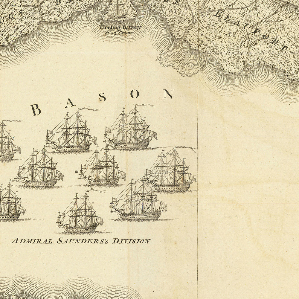Antigua mapa de la batalla de Quebec por Jefferys, 1759: Llanuras de Abraham, río San Lorenzo, tropas francesas y británicas, artillería, divisiones navales 