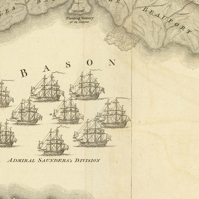 Antigua mapa de la batalla de Quebec por Jefferys, 1759: Llanuras de Abraham, río San Lorenzo, tropas francesas y británicas, artillería, divisiones navales 