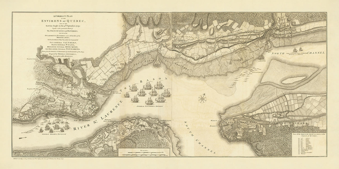Antigua mapa de la batalla de Quebec por Jefferys, 1759: Llanuras de Abraham, río San Lorenzo, tropas francesas y británicas, artillería, divisiones navales 
