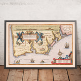 Alte Karte der Algarve von Waghenaer, 1588: Faro, Lagos, Portimão, Kap von Saint Vincent, dekorative Kartusche 