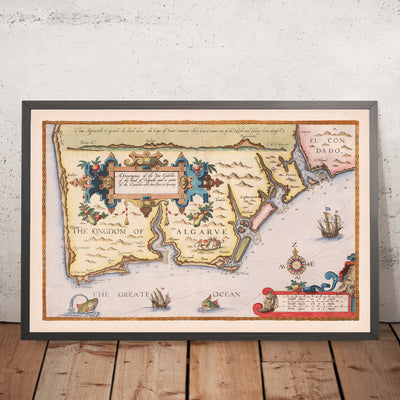 Alte Karte der Algarve von Waghenaer, 1588: Faro, Lagos, Portimão, Kap von Saint Vincent, dekorative Kartusche 