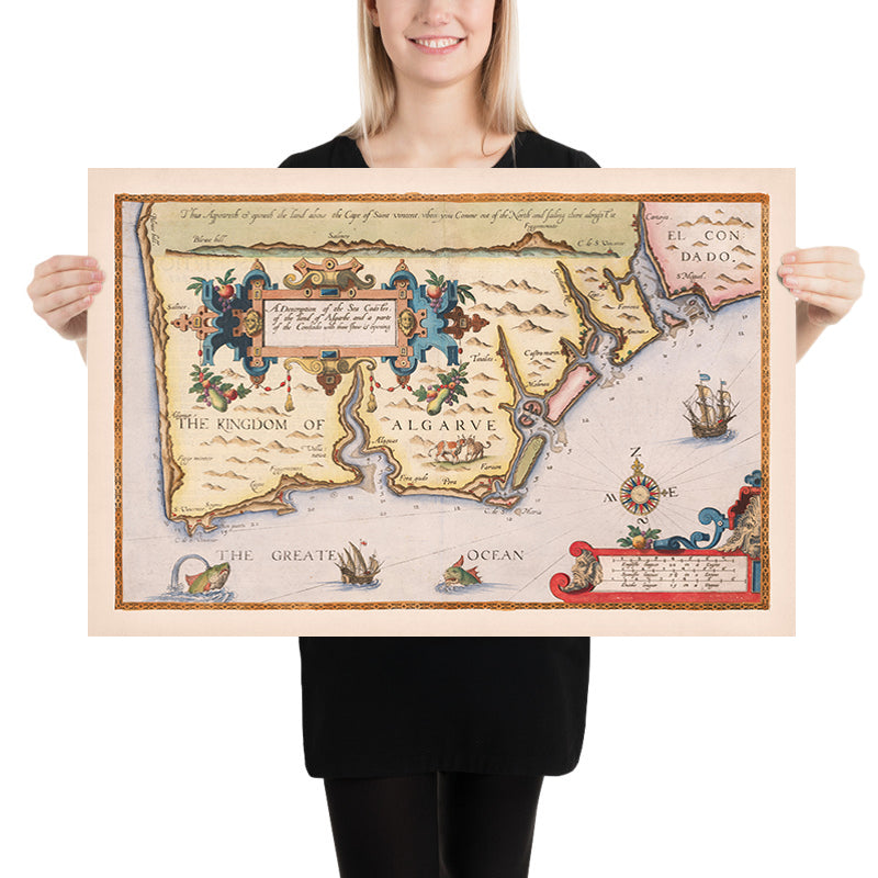 Alte Karte der Algarve von Waghenaer, 1588: Faro, Lagos, Portimão, Kap von Saint Vincent, dekorative Kartusche 