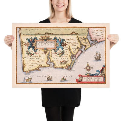 Alte Karte der Algarve von Waghenaer, 1588: Faro, Lagos, Portimão, Kap von Saint Vincent, dekorative Kartusche 