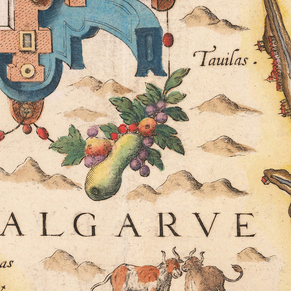 Alte Karte der Algarve von Waghenaer, 1588: Faro, Lagos, Portimão, Kap von Saint Vincent, dekorative Kartusche 