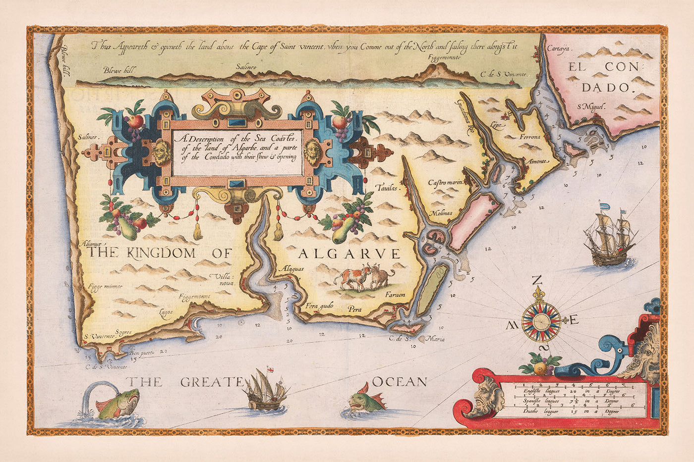 Alte Karte der Algarve von Waghenaer, 1588: Faro, Lagos, Portimão, Kap von Saint Vincent, dekorative Kartusche 