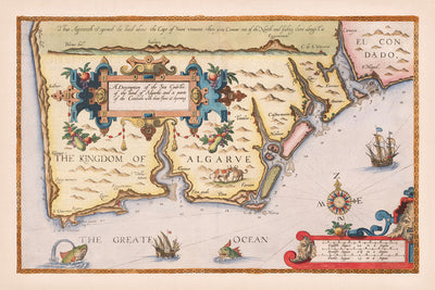 Alte Karte der Algarve von Waghenaer, 1588: Faro, Lagos, Portimão, Kap von Saint Vincent, dekorative Kartusche 