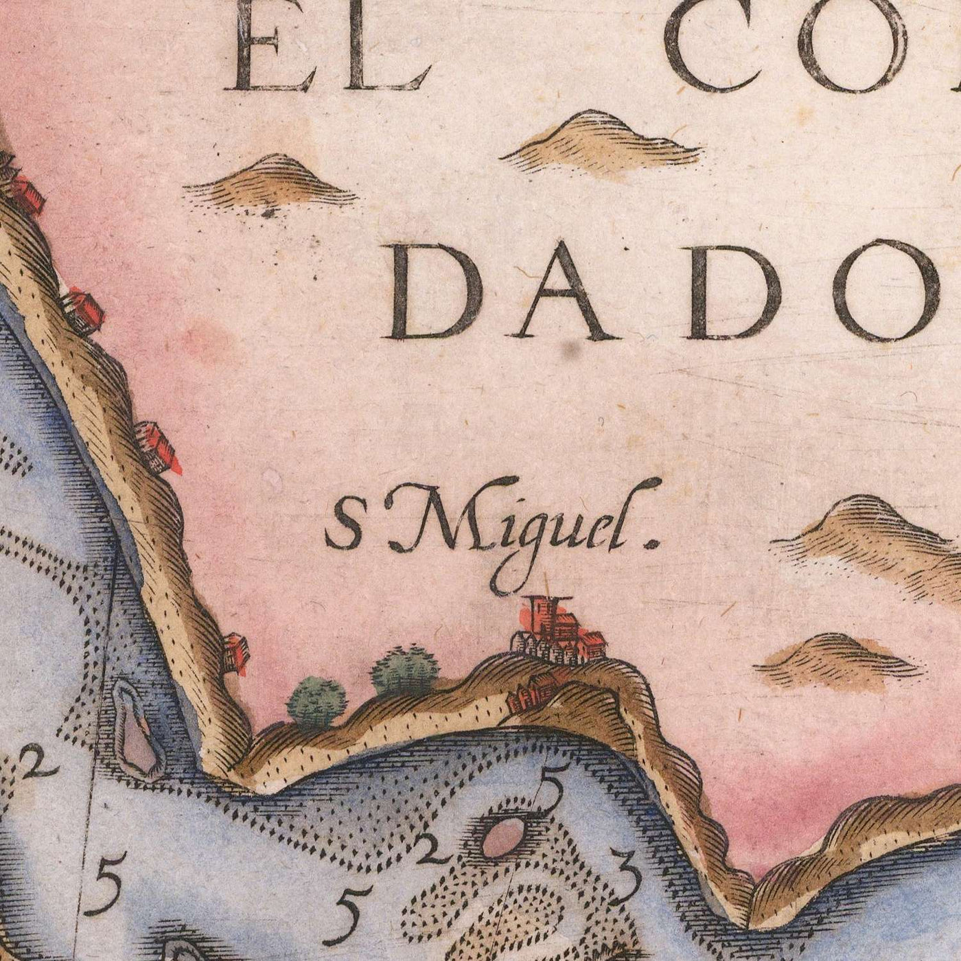 Alte Karte der Algarve von Waghenaer, 1588: Faro, Lagos, Portimão, Kap von Saint Vincent, dekorative Kartusche 