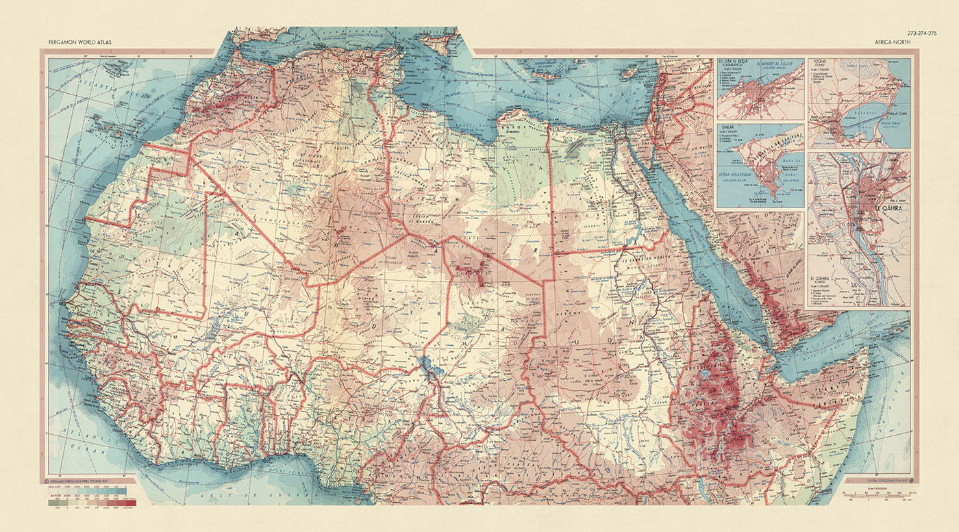 Ancienne carte de l'Afrique du Nord et de l'Ouest, 1967 : Maroc, Égypte, Soudan, Sahara, Sénégal, Nigeria 