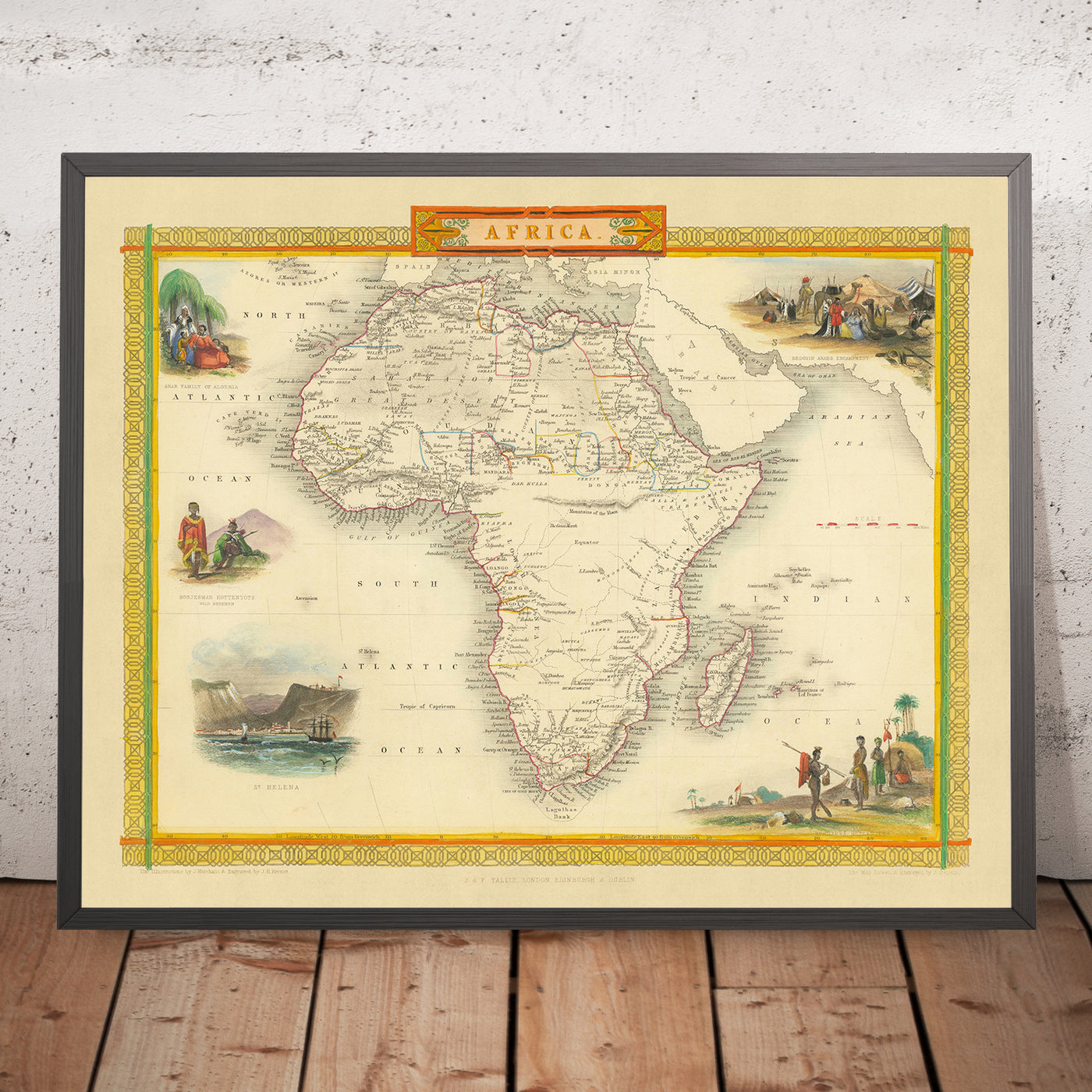 Old World Map of Africa by Tallis & Rapkin, 1851: Decorative Illustrations of Bedouin Arabs, St Helena, Hottentots