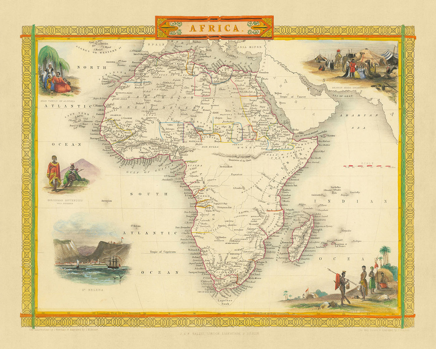 Old World Map of Africa by Tallis & Rapkin, 1851: Decorative Illustrations of Bedouin Arabs, St Helena, Hottentots
