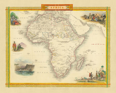 Old World Map of Africa by Tallis & Rapkin, 1851: Decorative Illustrations of Bedouin Arabs, St Helena, Hottentots