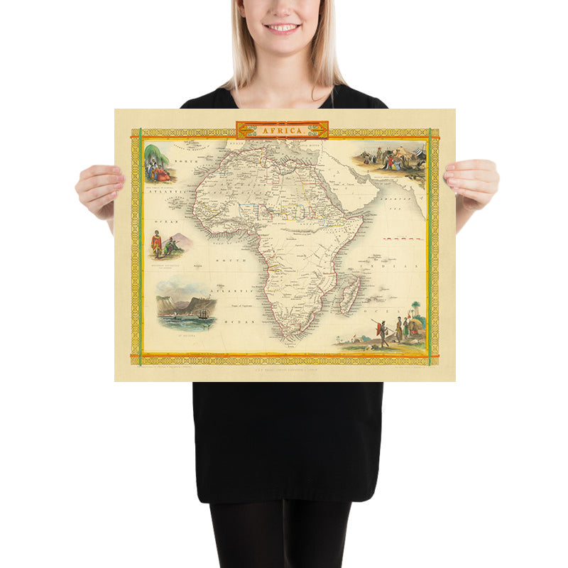 Old World Map of Africa by Tallis & Rapkin, 1851: Decorative Illustrations of Bedouin Arabs, St Helena, Hottentots