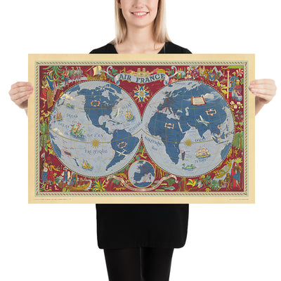 Old Surrealist World Map by Boucher, 1950: Air France Air Routes, Cultural Scenes, Sea Creatures