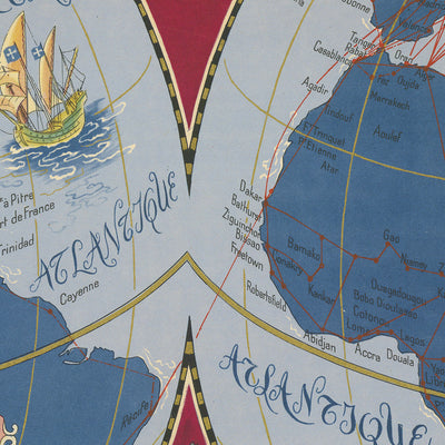 Old Surrealist World Map by Boucher, 1950: Air France Air Routes, Cultural Scenes, Sea Creatures