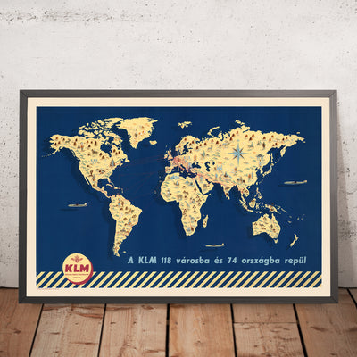 Mapa del Viejo Mundo de las Rutas Aéreas de KLM, 1955: 118 Rutas, 74 Países, Monumentos Pictóricos 