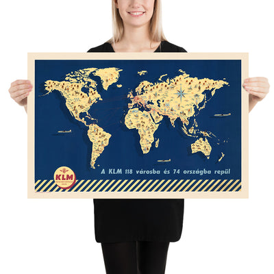 Mapa del Viejo Mundo de las Rutas Aéreas de KLM, 1955: 118 Rutas, 74 Países, Monumentos Pictóricos 
