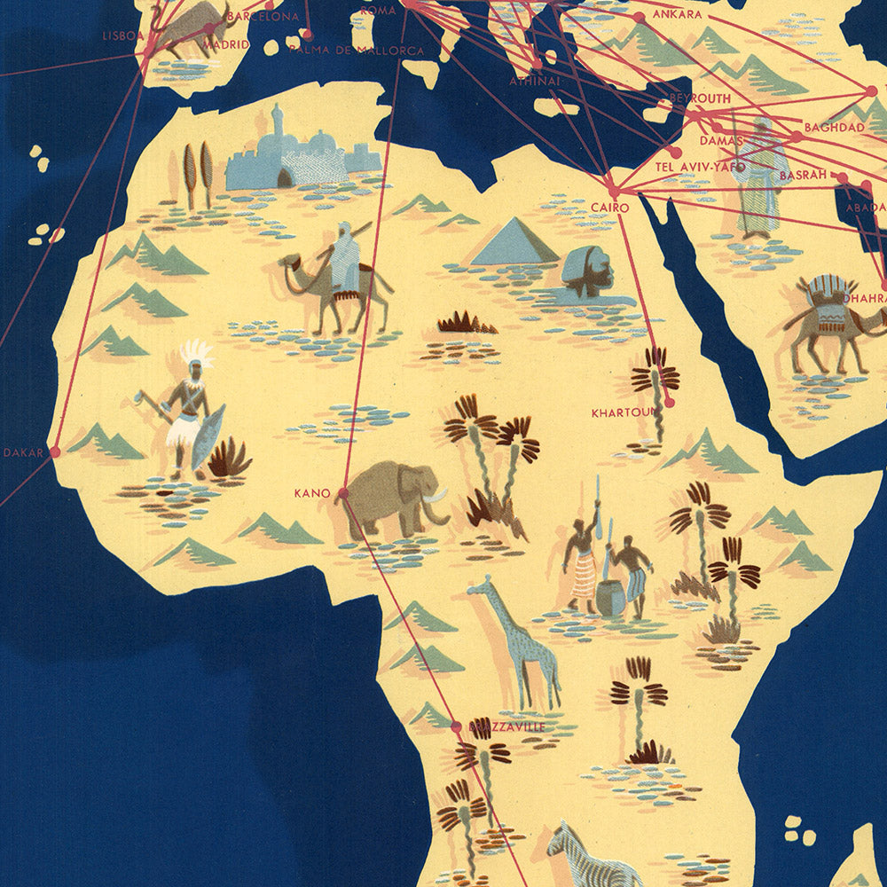 Mapa del Viejo Mundo de las Rutas Aéreas de KLM, 1955: 118 Rutas, 74 Países, Monumentos Pictóricos 