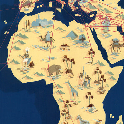 Mapa del Viejo Mundo de las Rutas Aéreas de KLM, 1955: 118 Rutas, 74 Países, Monumentos Pictóricos 